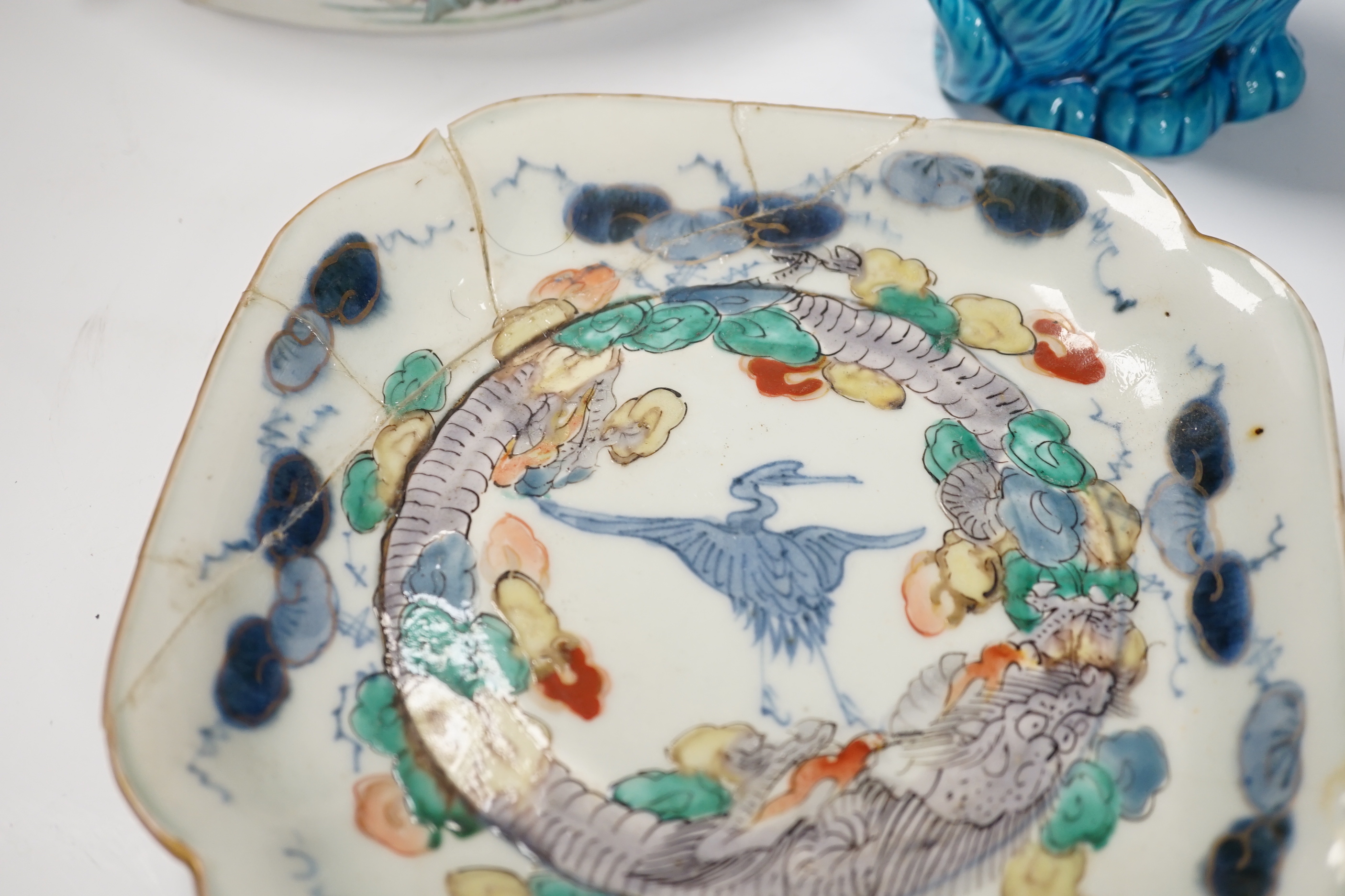 A Chinese Famille rose dish, a Japanese plate and a pair of Chinese cats in turquoise, cats 16cm